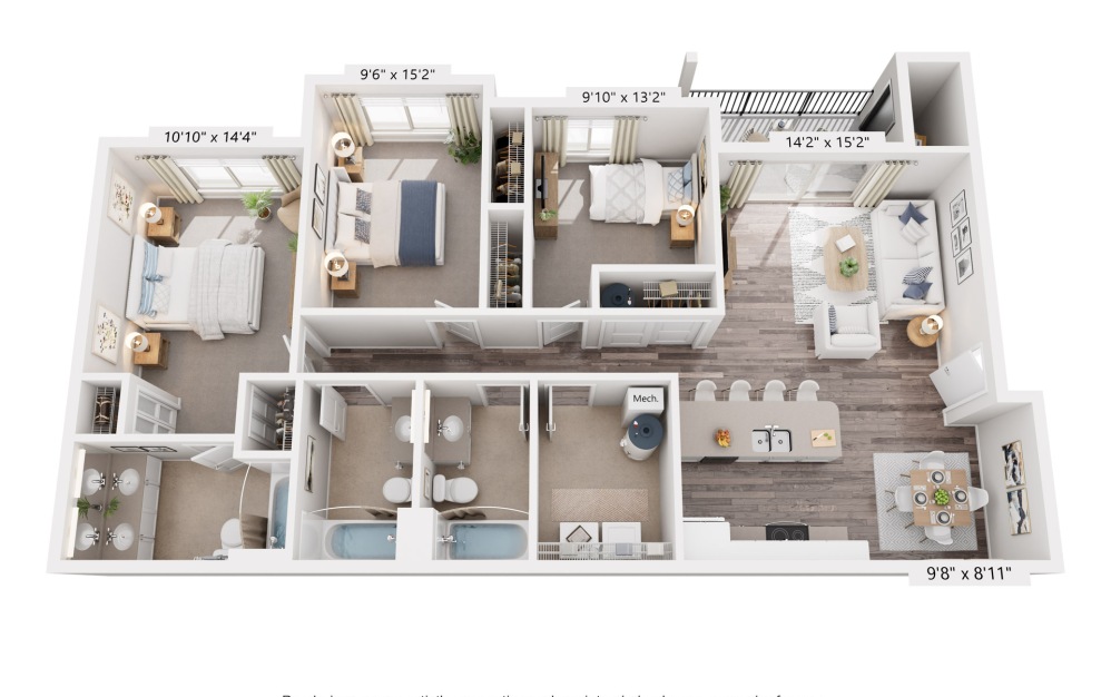 Alder - 3 bedroom floorplan layout with 3 bathrooms and 1260 square feet (3D)