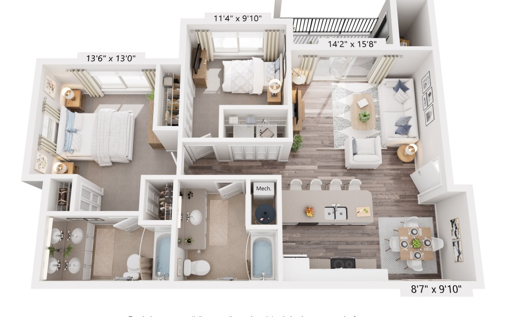 Maple - 2 bedroom floorplan layout with 2 bathrooms and 968 square feet (3D)