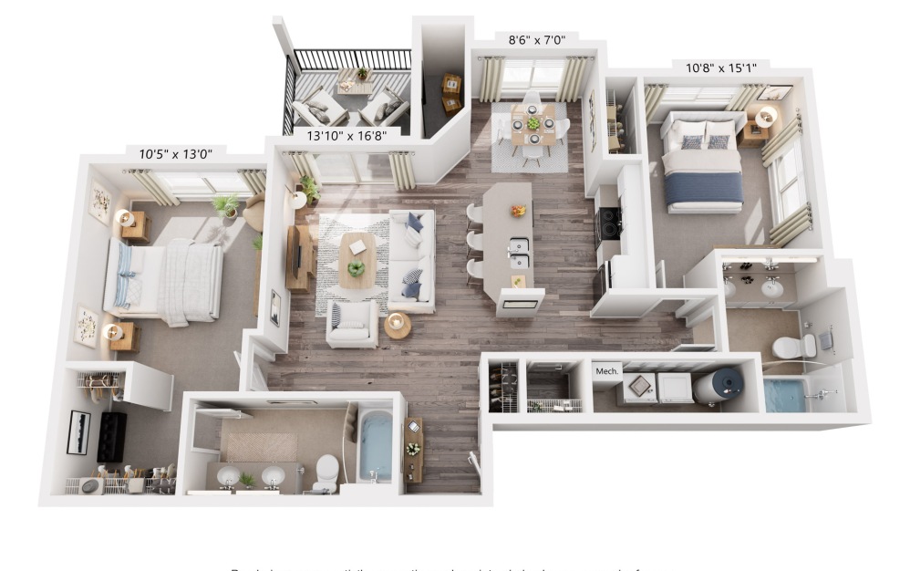 Pine - 2 bedroom floorplan layout with 2 bathrooms and 1044 square feet (3D)