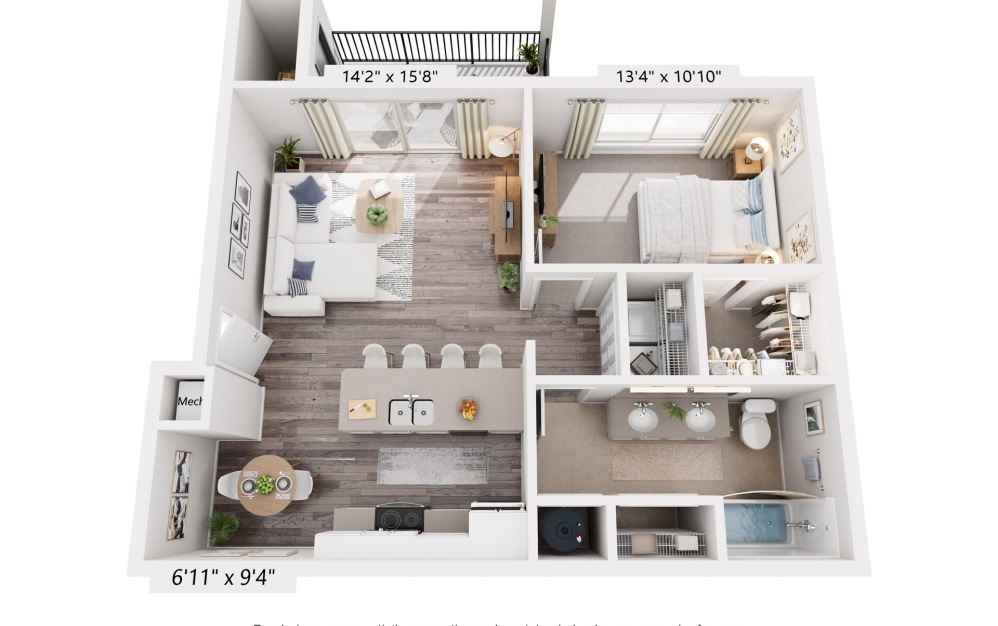 Spruce - 1 bedroom floorplan layout with 1 bathroom and 703 square feet (3D)